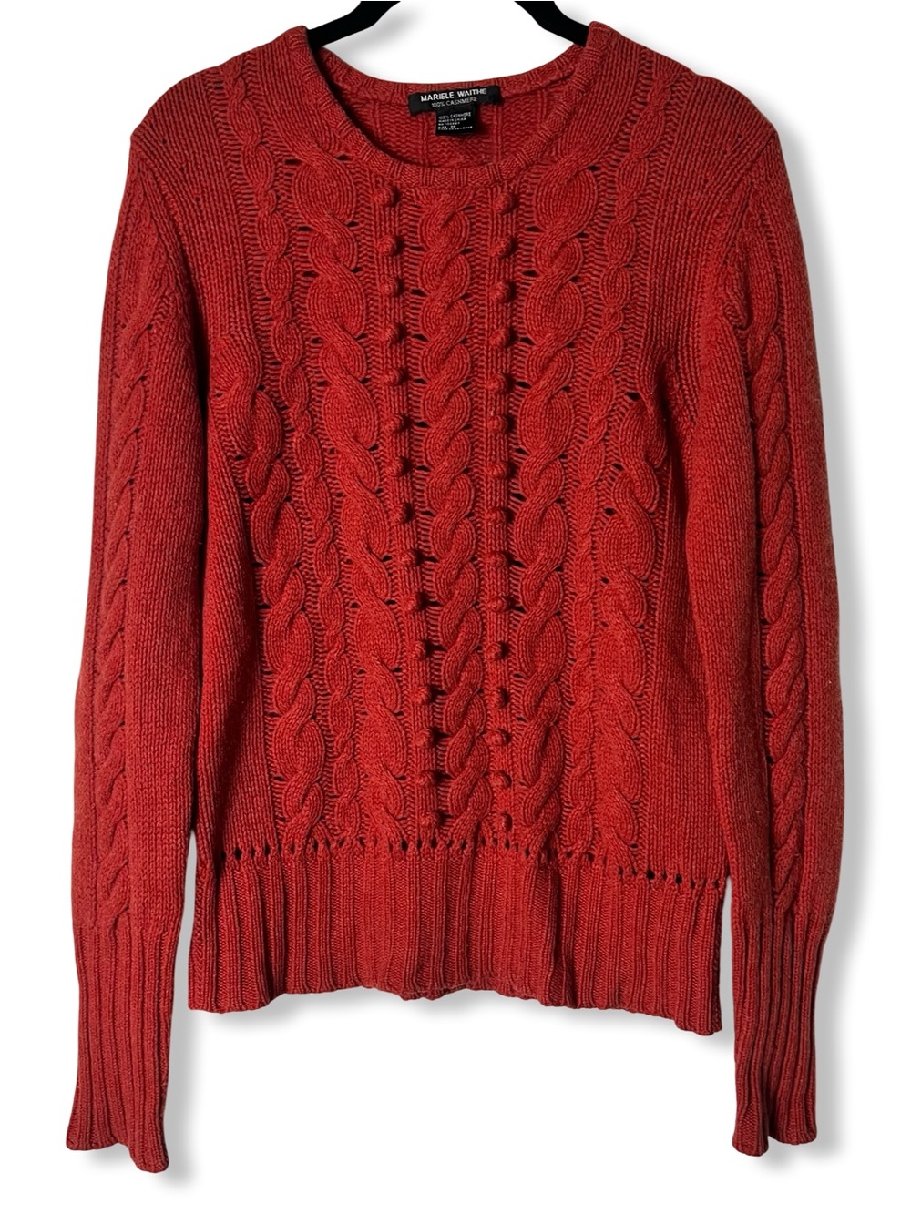 Mariele Waithe Womens 100% Cashmere Cable Knit Crew Sweater Rust Orange Sz M